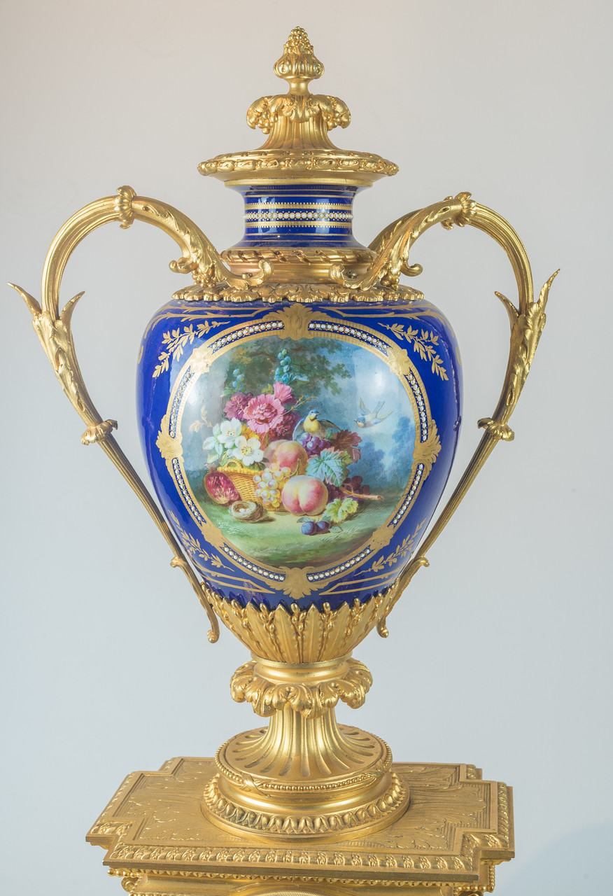 Antique French Sèvres Gilt Bronze and Porcelain Mantel Clock Garniture