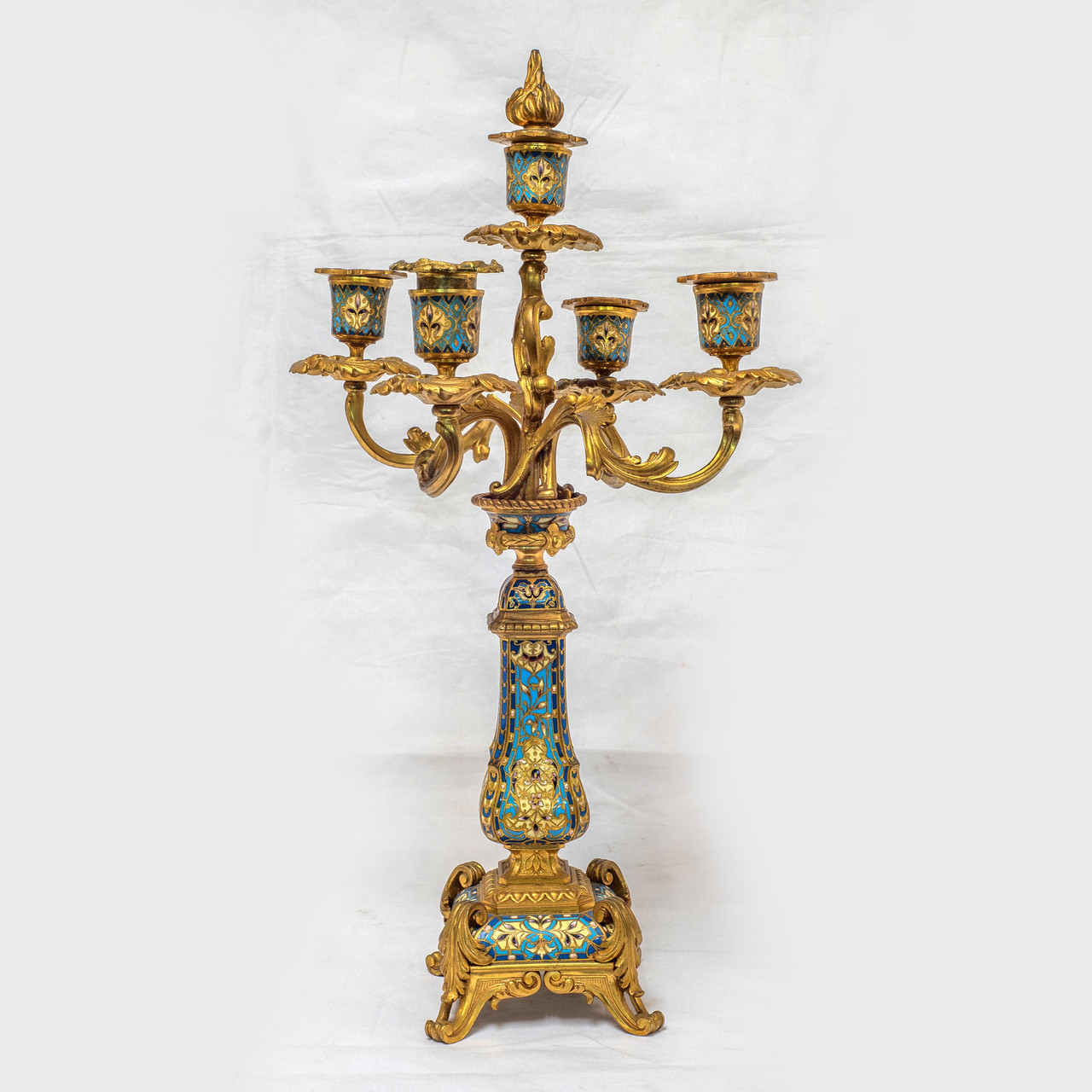Antique French Champleve Gilt Bronze Mantel Clock Garniture