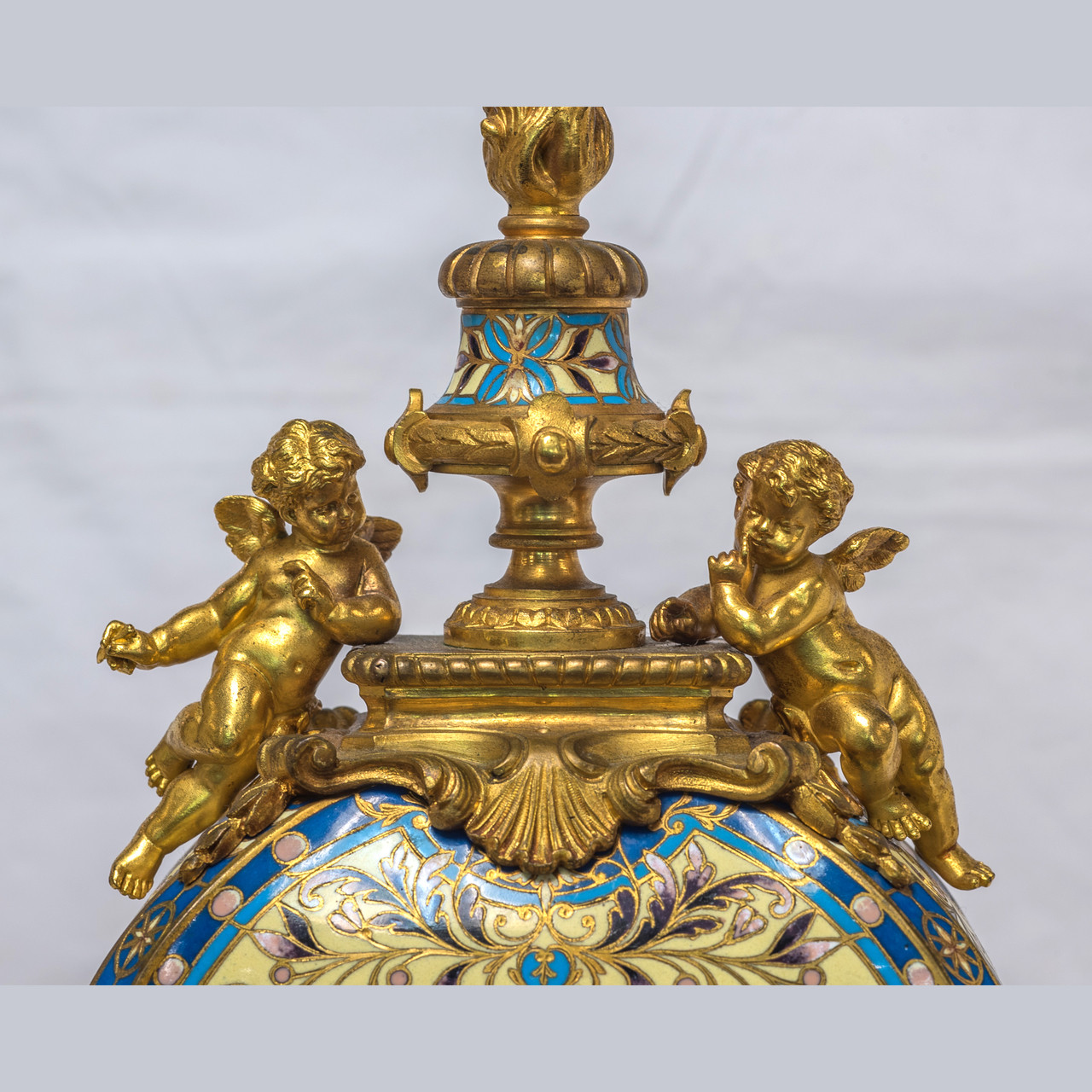 Antique French Champleve Gilt Bronze Mantel Clock Garniture