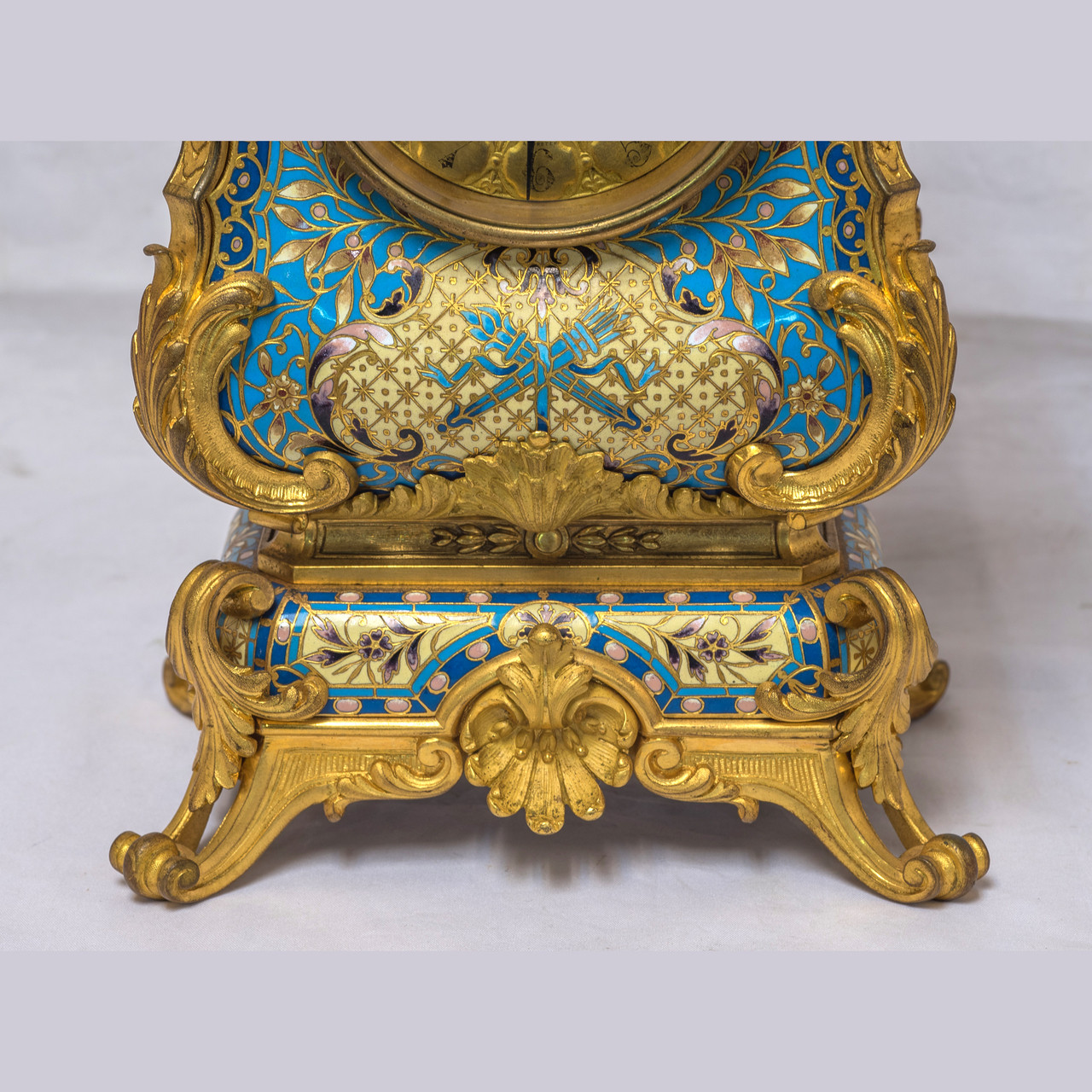 Antique French Champleve Gilt Bronze Mantel Clock Garniture