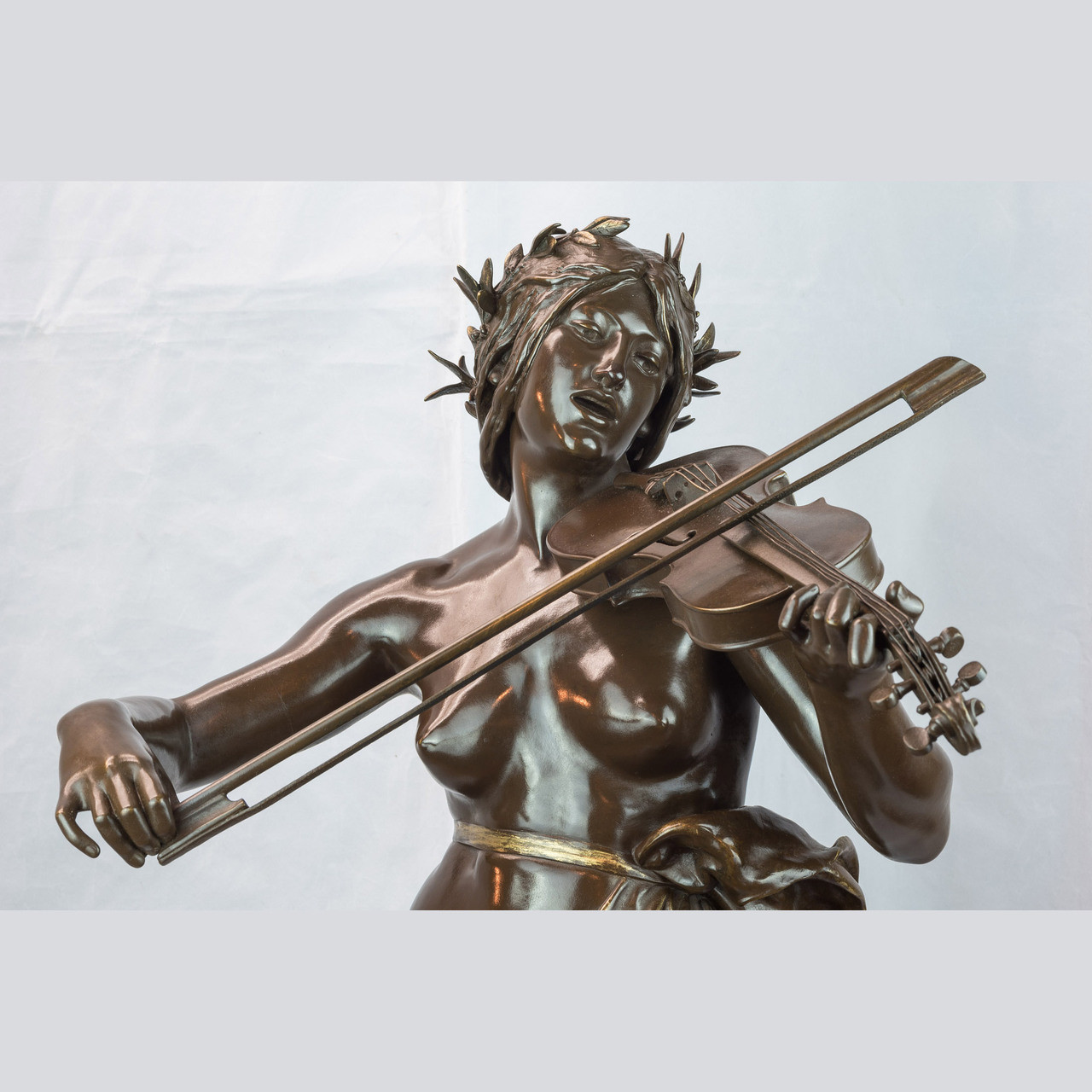 Antique French Patinated Bronze Sculpture of a Woman Playing a