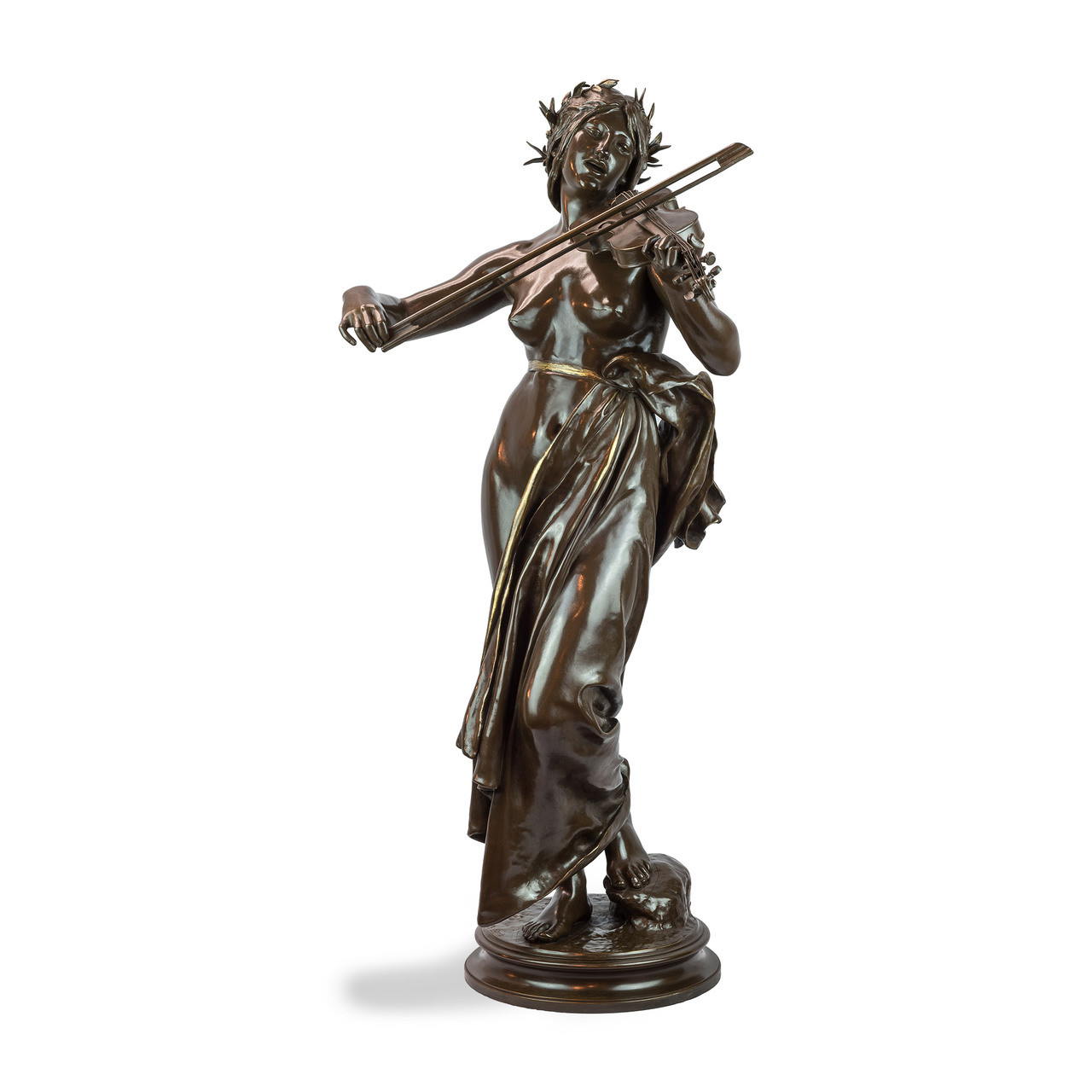 Antique French Patinated Bronze Sculpture of a Woman Playing a