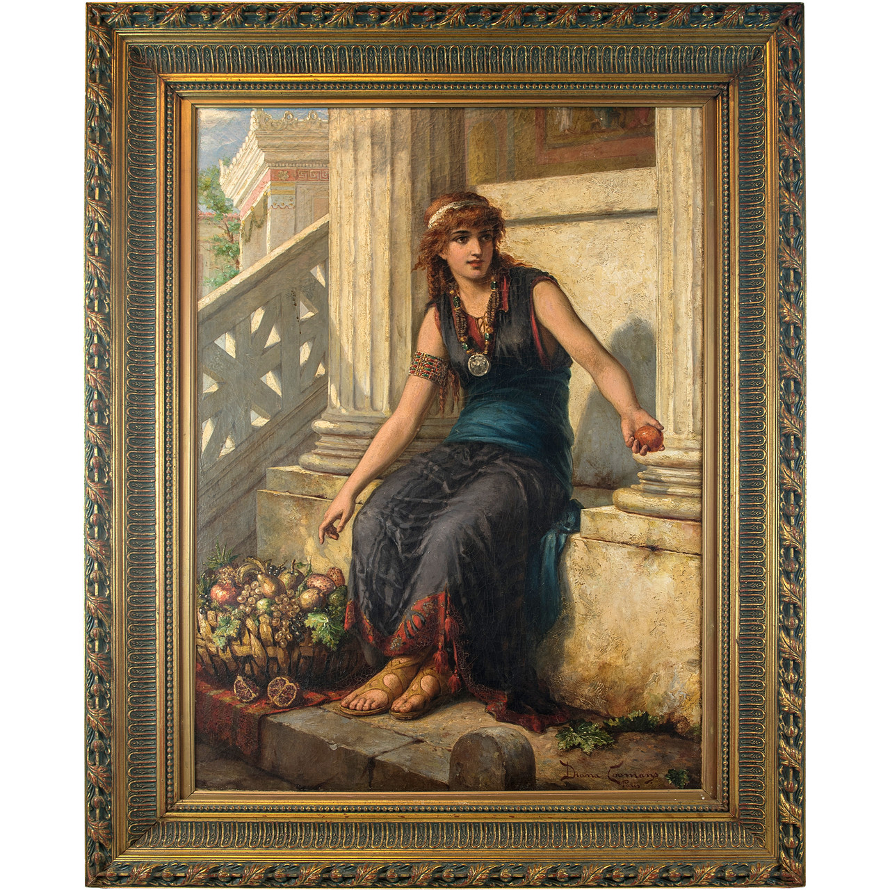 Antique Oil Painting of a Fruit Vendor Holding an Apple by Diana