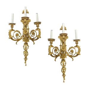 Pair of Very Fine Quality Rare Louis XV Style Gilt Bronze Three-Light Wall sconces Pair of Very Fine Quality Rare Louis XV Style Gilt Bronze Three-Light Wall sconces