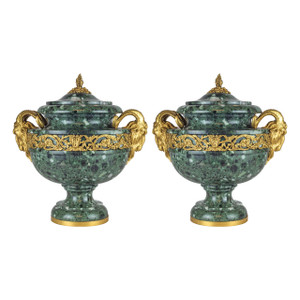A Very Special Pair of Louis XVI Style Ormolu Mounted Verde Antico Marble Urns and Cover A Very Special Pair of Louis XVI Style Ormolu Mounted Verde Antico Marble Urns and Cover