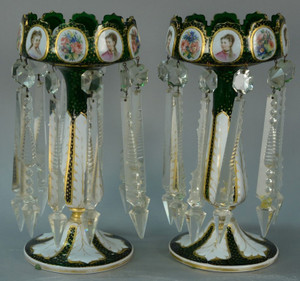 A Fine Pair of Green Overlay Glass Bohemian Lusters A Fine Pair of Green Overlay Glass Bohemian Lusters