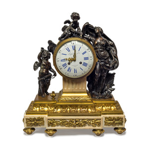 Louis XVI Gilt and Patinated Bronze Figural Mantel Clock of Venus with Cherubs Louis XVI Gilt and Patinated Bronze Figural Mantel Clock of Venus with Cherubs