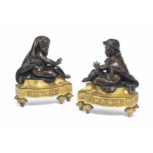 A Fine Quality Pair of French Gilt and Patinated Bronze Figural Chenets A Fine Quality Pair of French Gilt and Patinated Bronze Figural Chenets