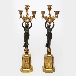 Pair of Empire Gilt and Patinated Bronze Five-Light Candelabras Pair of Empire Gilt and Patinated Bronze Five-Light Candelabras
