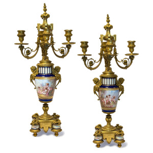 Pair of Four-branch Gilt Bronze and Jeweled Cobalt Blue Ground Sèvres style Porcelain Candelabras Pair of Four-branch Gilt Bronze and Jeweled Cobalt Blue Ground Sèvres style Porcelain Candelabras