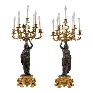 Pair of Gilt and Patinated Bronze Figural Eight-Light Candelabras Pair of Gilt and Patinated Bronze Figural Eight-Light Candelabras