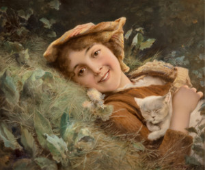 A Fine K.P.M. Porcelain Plaque Depicting a Portrait of a Young Girl and Kitten A Fine K.P.M. Porcelain Plaque Depicting a Portrait of a Young Girl and Kitten
