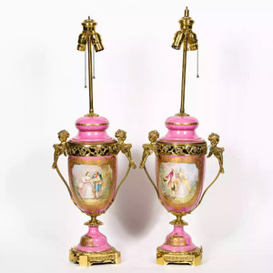 Elegant Pair of Sevres Porcelain Portrait Vases Mounted as Lamps Elegant Pair of Sevres Porcelain Portrait Vases Mounted as Lamps