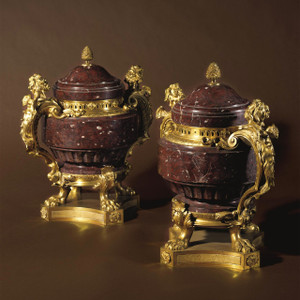 Magnificent Pair of Gilt Bronze and Rouge Griotte Marble Cassolettes Magnificent Pair of Gilt Bronze and Rouge Griotte Marble Cassolettes
