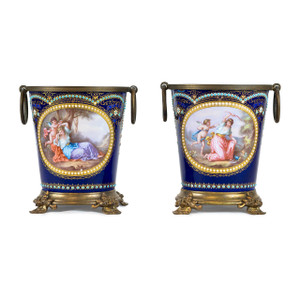A Pair of Fine Quality Jeweled Painted French Enamel Planters A Pair of Fine Quality Jeweled Painted French Enamel Planters