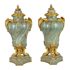 Pair of Elegant Louis XV Style Ormolu Mounted Green Marble Urns Pair of Elegant Louis XV Style Ormolu Mounted Green Marble Urns
