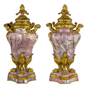A Fine Quality Pair of Louis XV-style Ormolu-Mounted and Fleur de Pêcher Marble Cassolets by Jollet & CIE. A Fine Quality Pair of Louis XV-style Ormolu-Mounted and Fleur de Pêcher Marble Cassolets by Jollet & CIE.