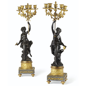 Fine Quality Pair of Gilt-Bronze and Patinated Bronze and Marble Candelabra Fine Quality Pair of Gilt-Bronze and Patinated Bronze and Marble Candelabra