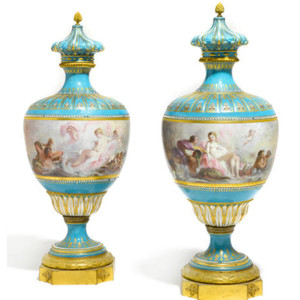 A pair of Sèvres Style Gilt Bronze Mounted Jeweled Porcelain Vases signed Poitevin A pair of Sèvres Style Gilt Bronze Mounted Jeweled Porcelain Vases signed Poitevin