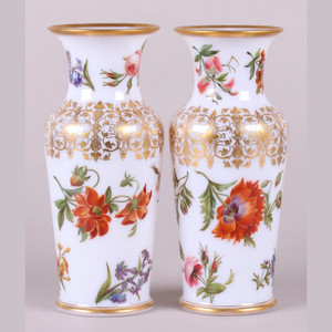 Finely Painted Pair of French Opaline Glass Vases attributed to Baccarrat Finely Painted Pair of French Opaline Glass Vases attributed to Baccarrat