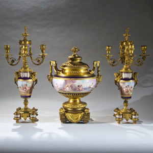 High Quality Sèvres-Style Ormolu Mounted Porcelain Three Piece Garniture High Quality Sèvres-Style Ormolu Mounted Porcelain Three Piece Garniture