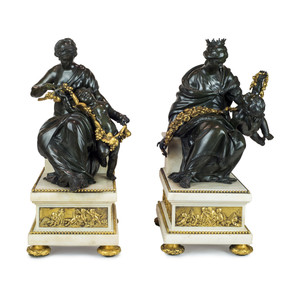 A Pair of Fine Patinated and Gilt Bronze and Marble Figural Lamps A Pair of Fine Patinated and Gilt Bronze and Marble Figural Lamps