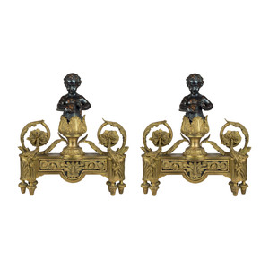 A Fine Quality Pair of Gilt and Patinated Bronze Figural Chenets A Fine Quality Pair of Gilt and Patinated Bronze Figural Chenets