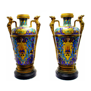 Fine Pair of Champlevé Enamel Vases Attributed to F. Barbedienne Fine Pair of Champlevé Enamel Vases Attributed to F. Barbedienne