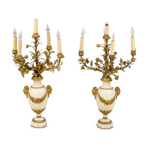 A Fine Quality Pair of Neoclassical Gilt Bronze and Marble Five-Light Candelabra A Fine Quality Pair of Neoclassical Gilt Bronze and Marble Five-Light Candelabra
