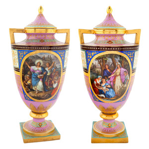 A Fine Pair of Vienna-style Austrian Painted Porcelain Vases and Cover A Fine Pair of Vienna-style Austrian Painted Porcelain Vases and Cover