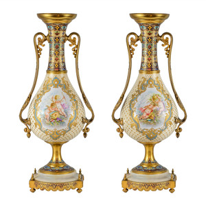 Fine Pair of Ormolu-Mounted Sèvres-Style Porcelain Champlevé Vases Fine Pair of Ormolu-Mounted Sèvres-Style Porcelain Champlevé Vases