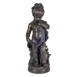 A Fine Quality Patinated Bronze Sculpture of a girl with Flowers A Fine Quality Patinated Bronze Sculpture of a girl with Flowers