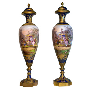 A Fine Quality Pair of Monumental Painted Sèvres Porcelain Vase and Cover A Fine Quality Pair of Monumental Painted Sèvres Porcelain Vase and Cover