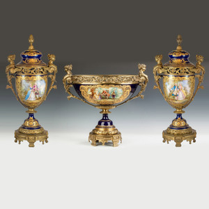 A Fine Quality Three-piece Sèvres Gilt Bronze Mounted and Cobalt Hand Painted Porcelain Garniture A Fine Quality Three-piece Sèvres Gilt Bronze Mounted and Cobalt Hand Painted Porcelain Garniture