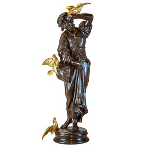 Fine Quality Large Patinated Bronze Sculpture of a Young Female with Doves by Emile Peynot Fine Quality Large Patinated Bronze Sculpture of a Young Female with Doves by Emile Peynot