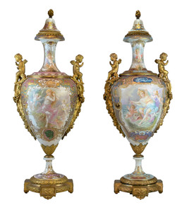 Fine Quality Pair of Bronze Mounted Sèvres-Style Polychrome and Gilt Porcelain Vases Painted by Collot Fine Quality Pair of Bronze Mounted Sèvres-Style Polychrome and Gilt Porcelain Vases Painted by Collot