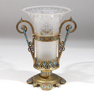 Fine Gilt bronze Champleve Two handle  Glass vase  French circa 1890 Fine Gilt bronze Champleve Two handle  Glass vase  French circa 1890