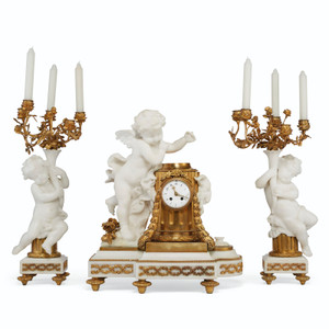 Fine French ormolu mounted white marble Three piece clock set Fine French ormolu mounted white marble Three piece clock set