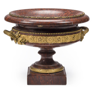 A large Continental Neoclassical style gilt bronze mounted rouge griotte marble urn A large Continental Neoclassical style gilt bronze mounted rouge griotte marble urn