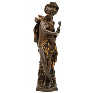 A Fine Quality Patinated and Gilt Bronze Statue of a Lady Playing a Mandolin by Albert-Ernest De Carrier-Belleuse A Fine Quality Patinated and Gilt Bronze Statue of a Lady Playing a Mandolin by Albert-Ernest De Carrier-Belleuse