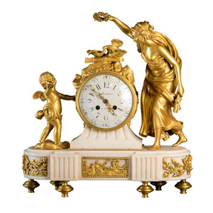 A Fine Gilt Bronze and Marble Mantel Clock with Putti by Maniere A Fine Gilt Bronze and Marble Mantel Clock with Putti by Maniere