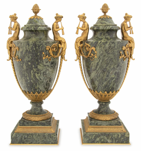 A Fine Pair of French Gilt Bronze Mounted Marble Urns A Fine Pair of French Gilt Bronze Mounted Marble Urns