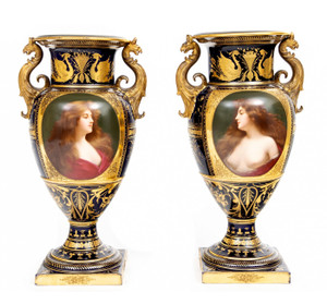 A Fine Pair of Hand-Painted Royal Vienna Porcelain Urns A Fine Pair of Hand-Painted Royal Vienna Porcelain Urns