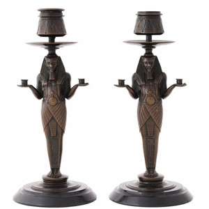 pair of ANTIQUE BRONZE EGYPTIAN CANDLESTICKS pair of ANTIQUE BRONZE EGYPTIAN CANDLESTICKS
