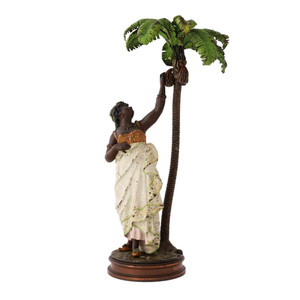 A Fine Cold-Painted Bronze Sculpture of a Woman Under a Palm by Franz Bergman A Fine Cold-Painted Bronze Sculpture of a Woman Under a Palm by Franz Bergman
