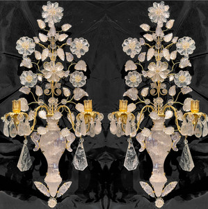 Pair of Gilt Metal and Rock Crystal two light Sconces with Florals Pair of Gilt Metal and Rock Crystal two light Sconces with Florals