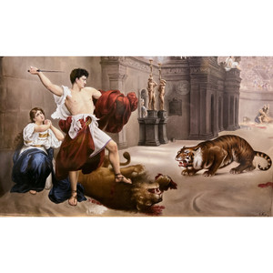 KPM Porcelain Plaque of A Gladiator Battling a Lion and Tiger in the Colosseum