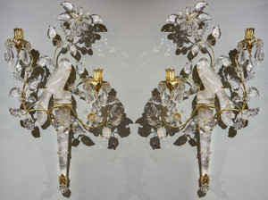 Exquisite Pair of French Two-Light Rock Crystal Sconces after Bagues Exquisite Pair of French Two-Light Rock Crystal Sconces after Bagues