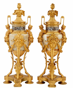 Pair of Gilt-Bronze onyx and Cloisonné Enamel Covered Urns Pair of Gilt-Bronze onyx and Cloisonné Enamel Covered Urns