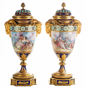 Unique Sevres-Style Opulence: Hand-Painted Porcelain Urns by F. Bellanger Unique Sevres-Style Opulence: Hand-Painted Porcelain Urns by F. Bellanger